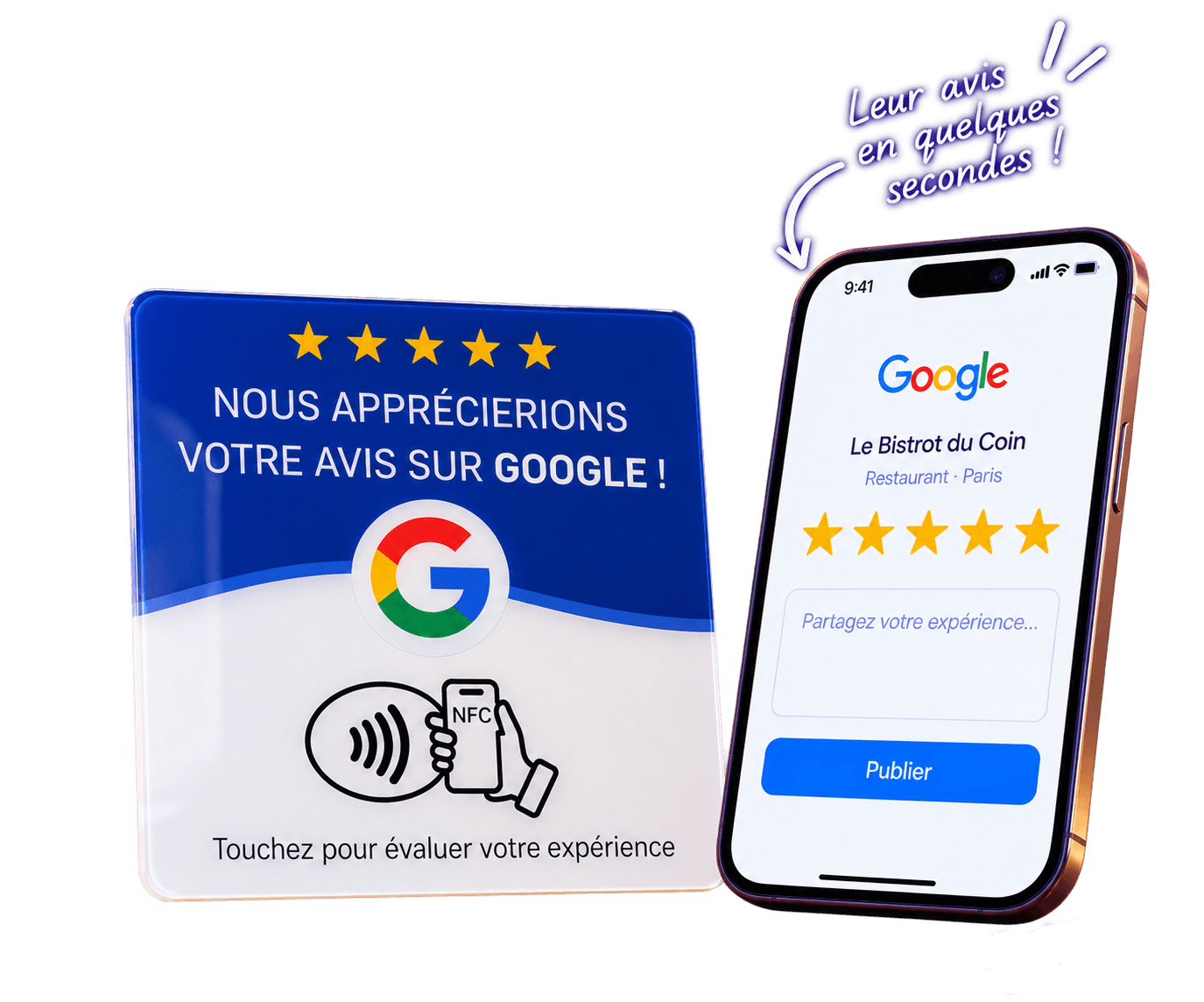 Une carte MyTipTip posée sur une table de restaurant, à côté d'un téléphone affichant la page d'avis Google de l'établissement.